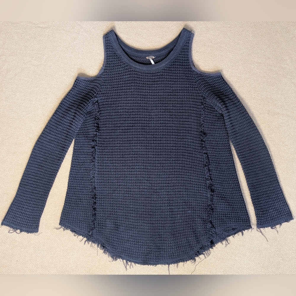Free People Black Waffle Knit Distressed Cold Shoulder Cotton Sweater